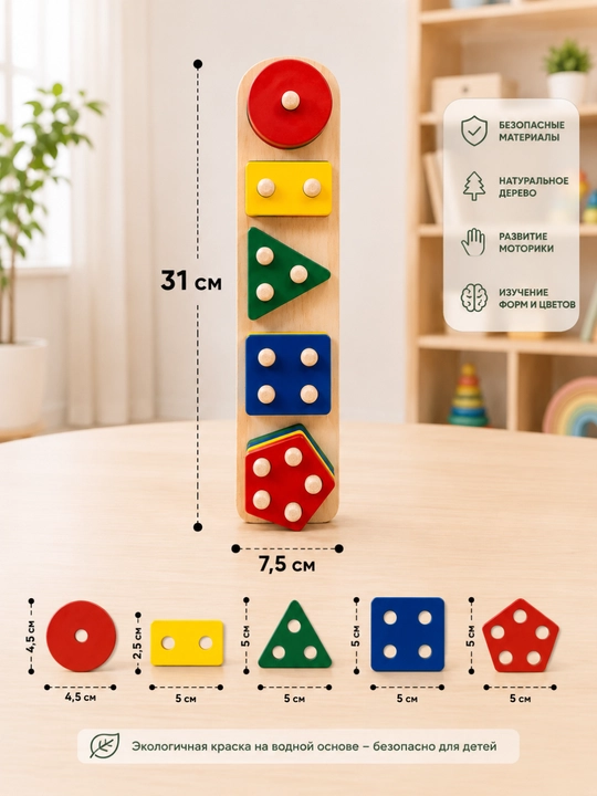 Yog‘och geometrik shakllar saralagich, bolalar uchun rivojlantiruvchi o‘yinchoq