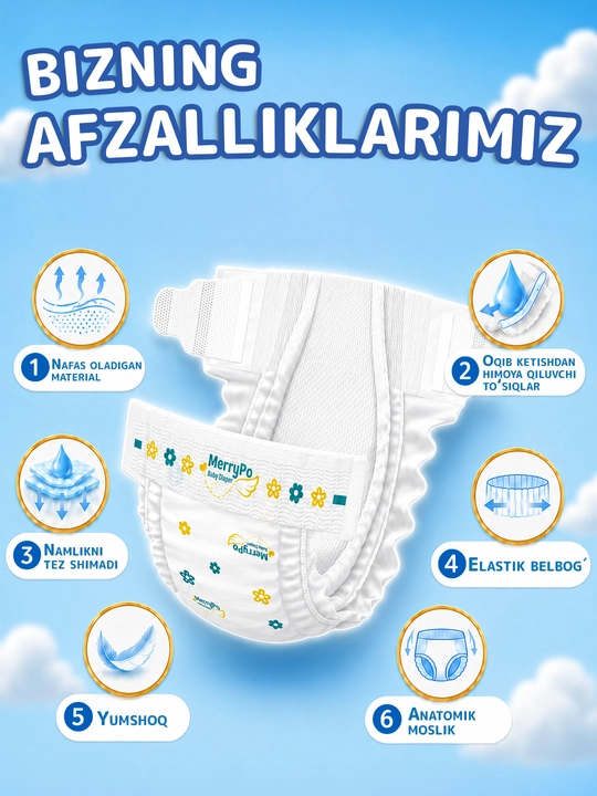 Подгузники Merrypo размер 1-6 (NB-XXL), большая упаковка, японская технология