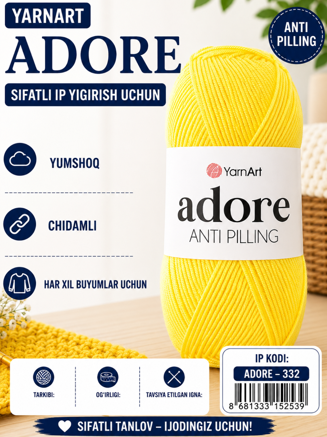 YarnArt ADORE ipi 100% anti-piling, akrildan - 
