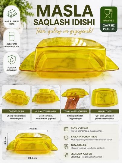 Saryog‘ uchun idish, qopqoqli maslenka, oshxona uchun sariyog‘ saqlagich