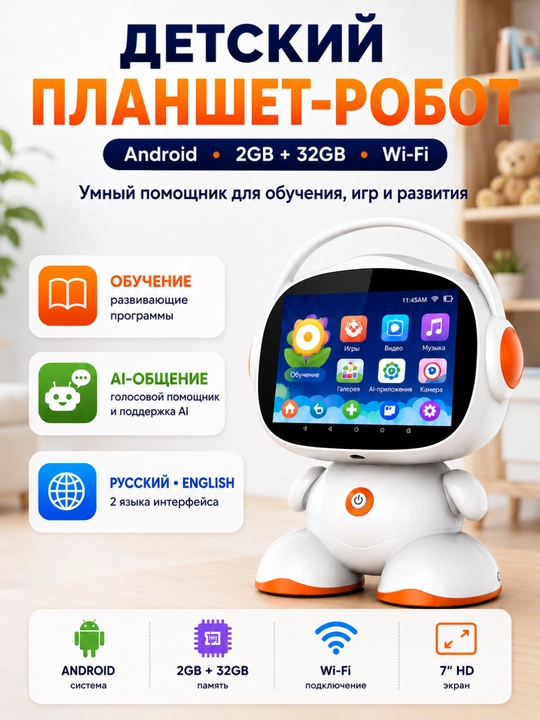 Детский планшет-робот с AI, 7" HD, Android, 2GB+32GB, Wi-Fi, караоке, видеозвонки - 