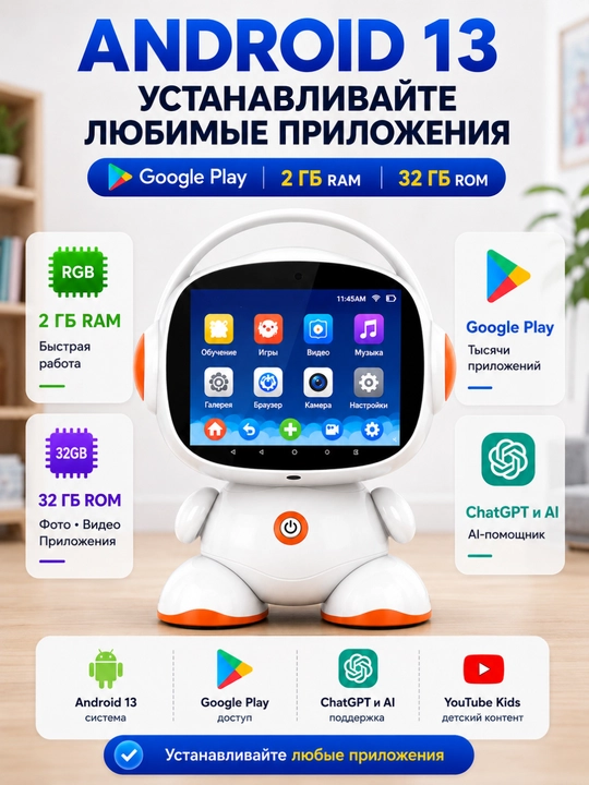 Детский планшет-робот с AI, 7" HD, Android, 2GB+32GB, Wi-Fi, караоке, видеозвонки