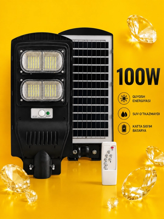 Quyosh panelli LED ko‘cha chirog‘i 100–250W, pultli, sensorli solar proyektor - 