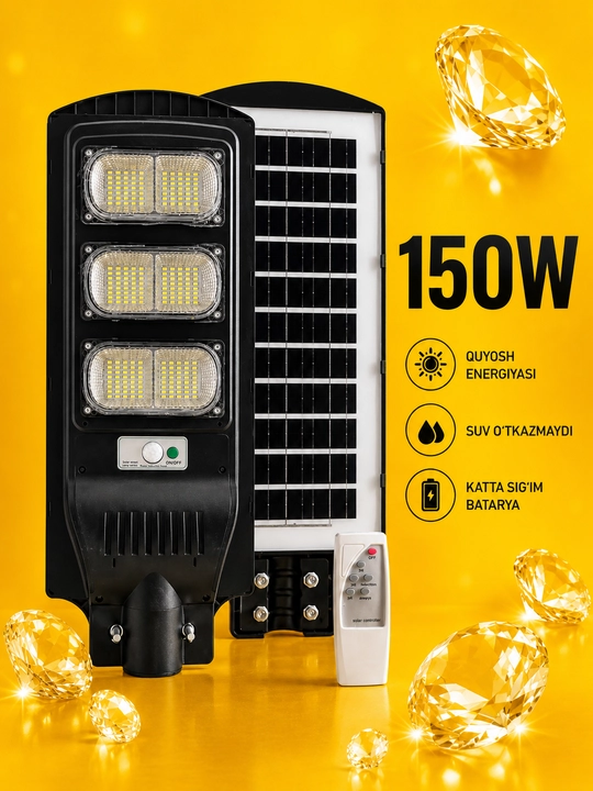 Quyosh panelli LED ko‘cha chirog‘i 100–250W, pultli, sensorli solar proyektor