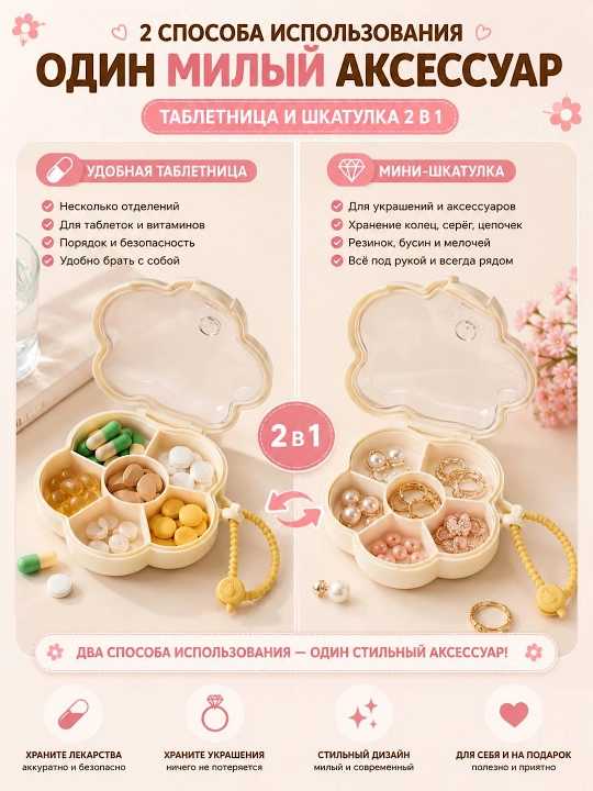 Мини-таблетница 2 в 1. Цветок, органайзер для таблеток и украшений, брелок