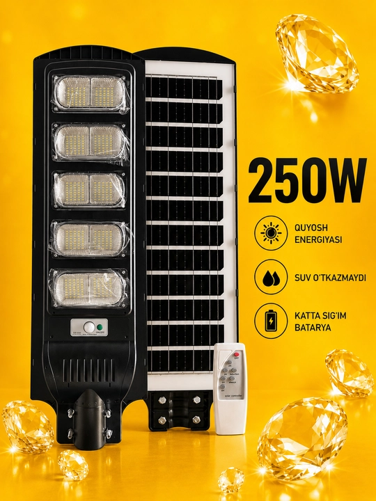 Quyosh panelli LED ko‘cha chirog‘i 100–250W, pultli, sensorli solar proyektor