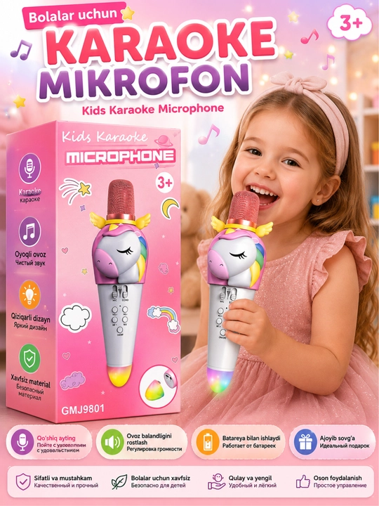 Bolalar karaoke mikrofoni Unicorn LED chiroqli ovoz kuchaytirgichli 3+ GMJ9801 - 