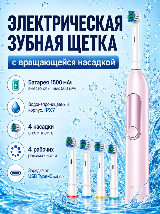 Ultratovushli tish cho‘tkasi, aylanuvchi bosma bilan, 1500 mAch batareyali - 