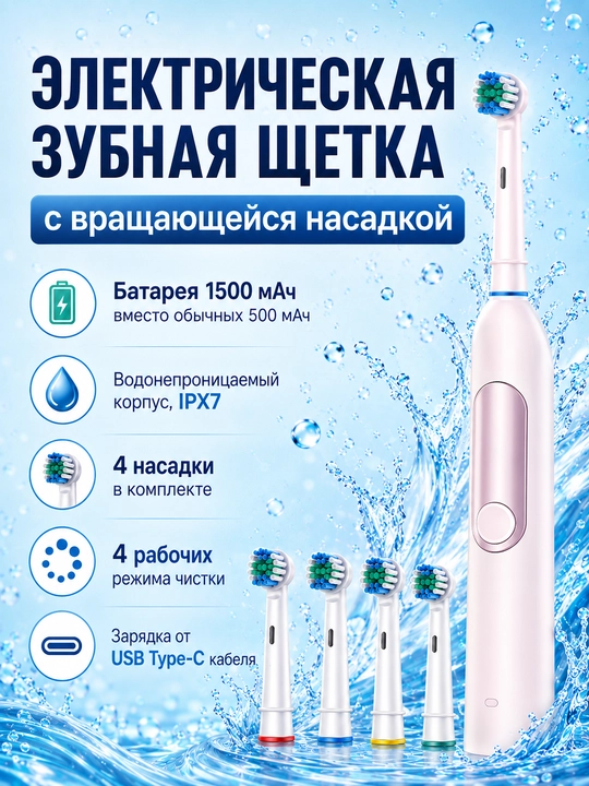 Ultratovushli tish cho‘tkasi, aylanuvchi bosma bilan, 1500 mAch batareyali - 