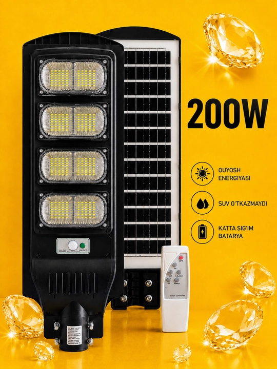 Quyosh panelli LED ko‘cha chirog‘i 100–250W, pultli, sensorli solar proyektor