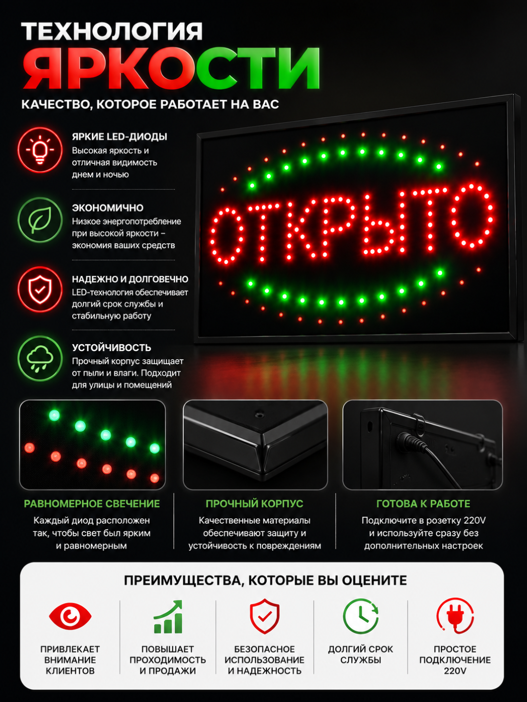 OPEN LED reklama belgisi 220V, vitrina va magazin uchun LED tablichka - 