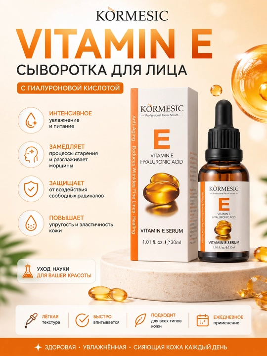 Сыворотка KORMESIC от сухости и старения: витамин E, гиалуроновая кислота, увлажнение - 