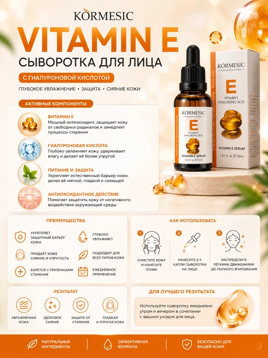 Сыворотка KORMESIC от сухости и старения: витамин E, гиалуроновая кислота, увлажнение