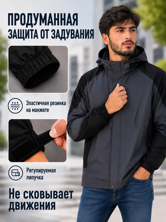 Erkaklar demimavsumiy kurtkasi, kapyushonli vetrovka, katta o‘lcham M–3XL