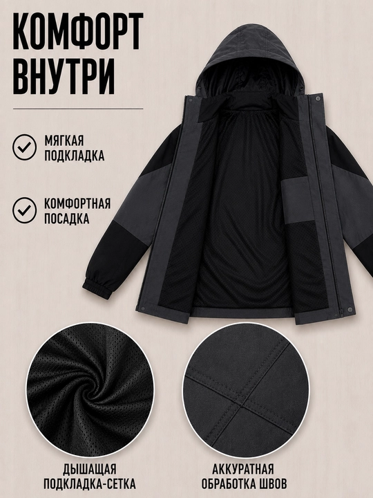 Erkaklar demimavsumiy kurtkasi, kapyushonli vetrovka, katta o‘lcham M–3XL