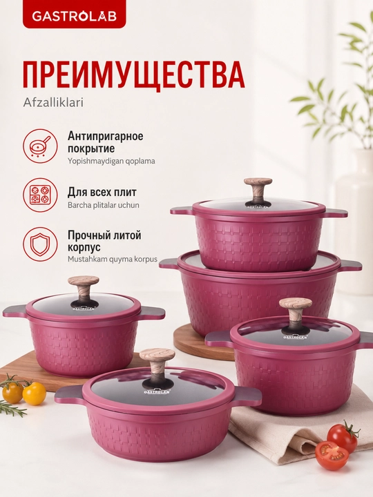 UAKEEN qozon va kastryul to‘plami, 5 ta buyum, kuyishga qarshi qoplama bilan