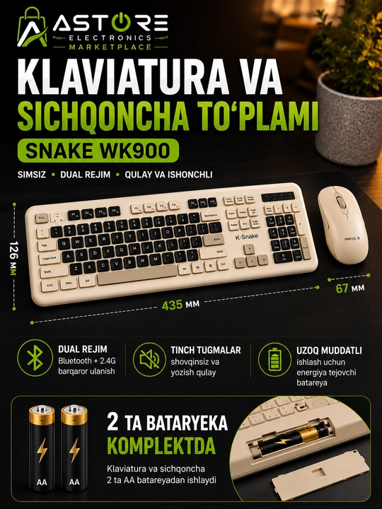 Snake WK900 simsiz klaviatura va sichqoncha to‘plami, Bluetooth + 2.4G