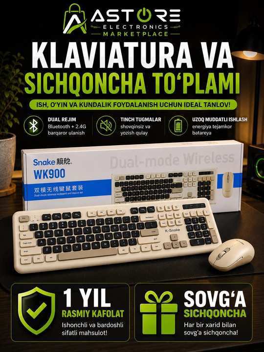 Snake WK900 simsiz klaviatura va sichqoncha to‘plami, Bluetooth + 2.4G - 