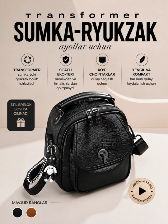 Sumka ryukzak ayollar uchun, transformer, sig'imli, yumshoq qulay ixcham universal ekoteri - 