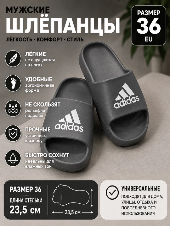 Erkaklar uchun Adidas Adilette 36 shippagi, yengil, sirpanmaydigan, uy va ko‘cha uchun mos - 