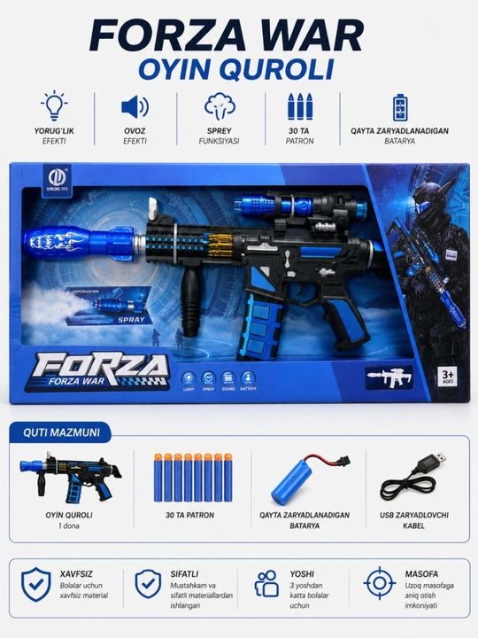 Forza War o‘yin quroli, yorug‘lik va ovozli, spreyli, 30 patronli, USB zaryadli - 