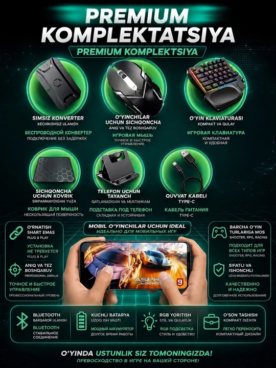 Telefon, planshet uchun geympad klaviatura va sichqoncha