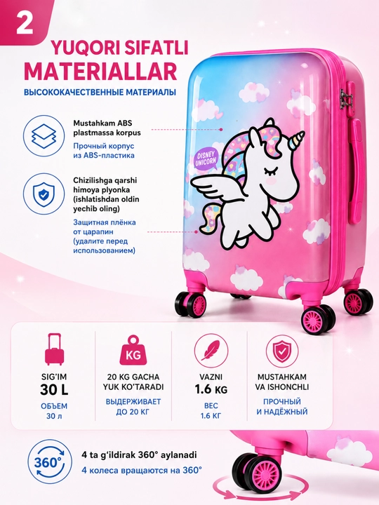 4 g'ildirakli bolalar chemodani 360° ABS