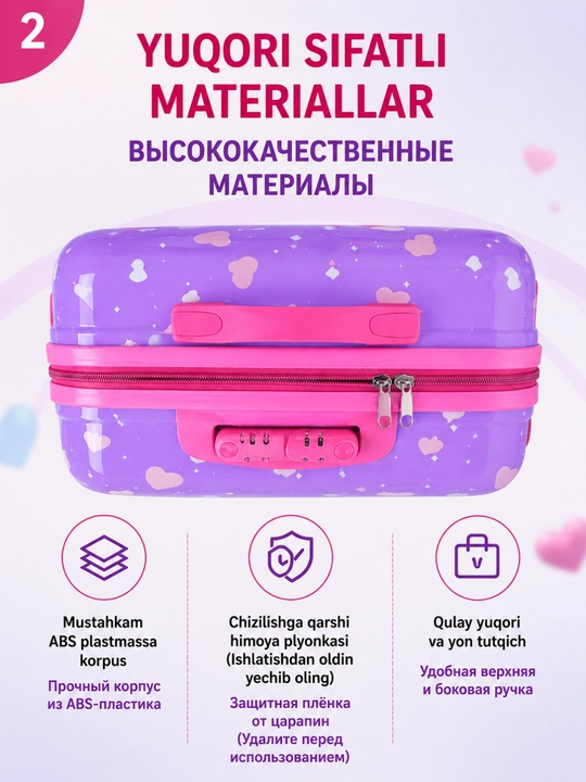 4 g'ildirakli bolalar chemodani 360° ABS