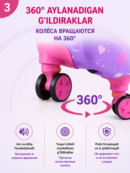 4 g'ildirakli bolalar chemodani 360° ABS