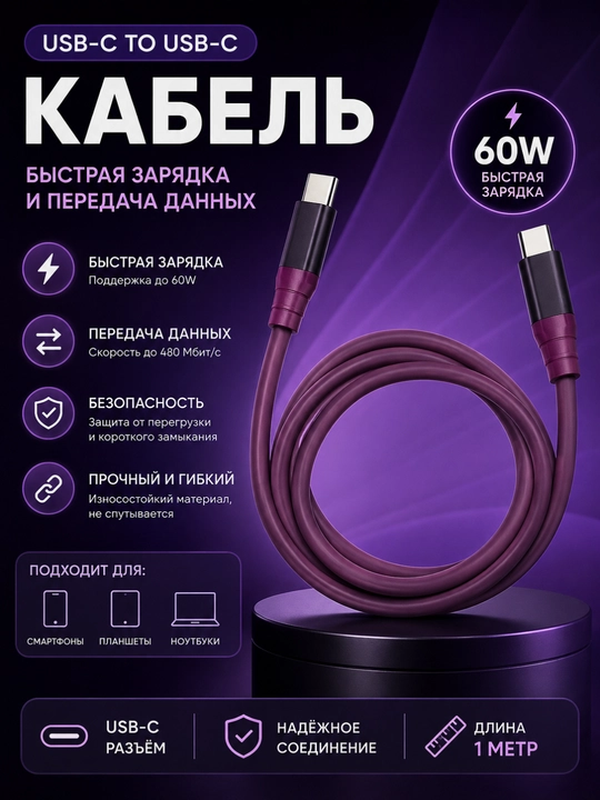 Кабель USB Type-C – USB Type-C 60W, 1 метр, для зарядки и передачи данных - 