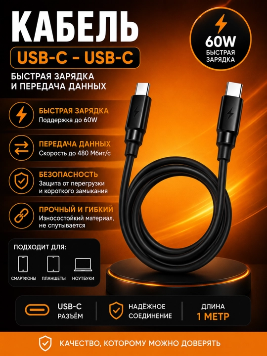 Кабель USB Type-C – USB Type-C 60W, 1 метр, для зарядки и передачи данных