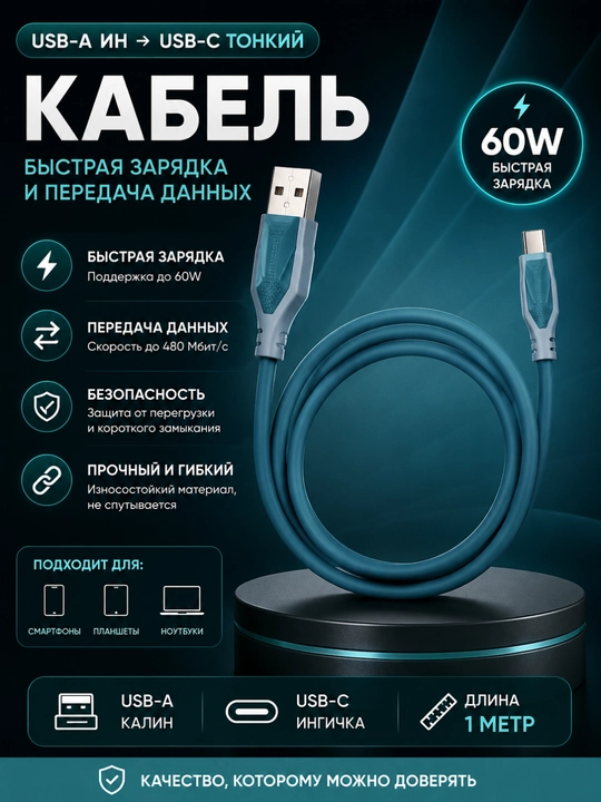 Кабель USB Type-C – USB Type-C 60W, 1 метр, для зарядки и передачи данных - 