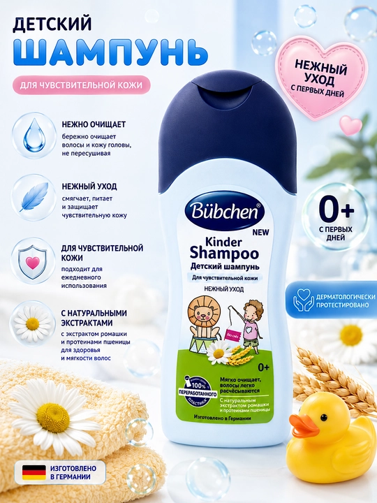 Bubchen bolalar shampuni, sezgir teri uchun, detskiy shampun - 
