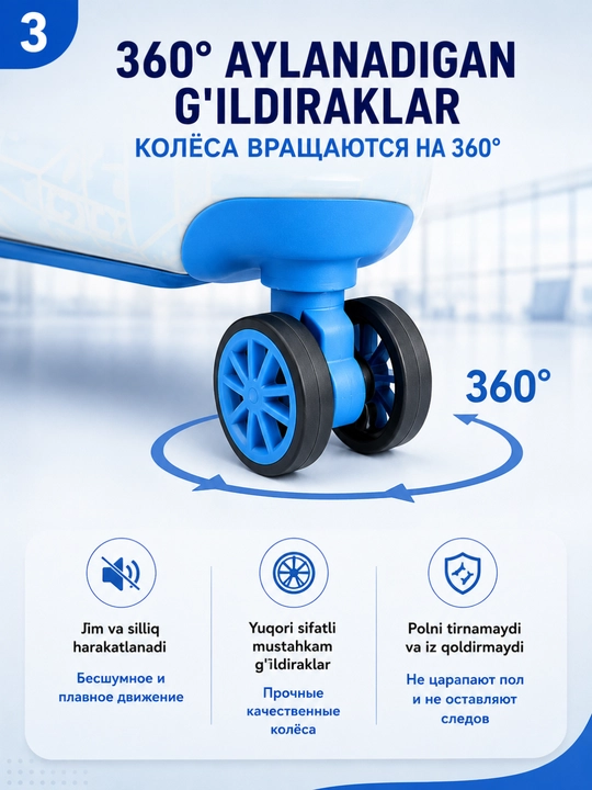4 g'ildirakli bolalar chemodani 360° ABS