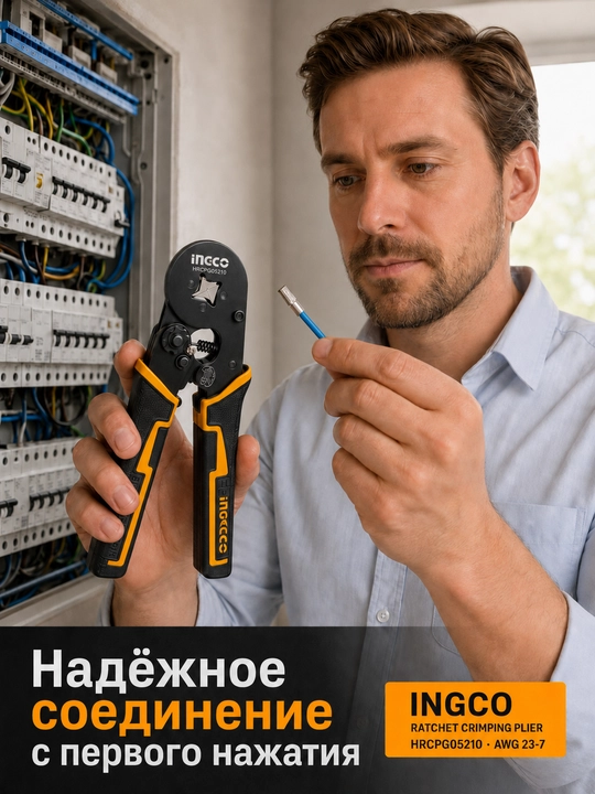 Кримпер INGCO клещи обжимные трещоточные для проводов и наконечников НШВИ 0.25-10мм²