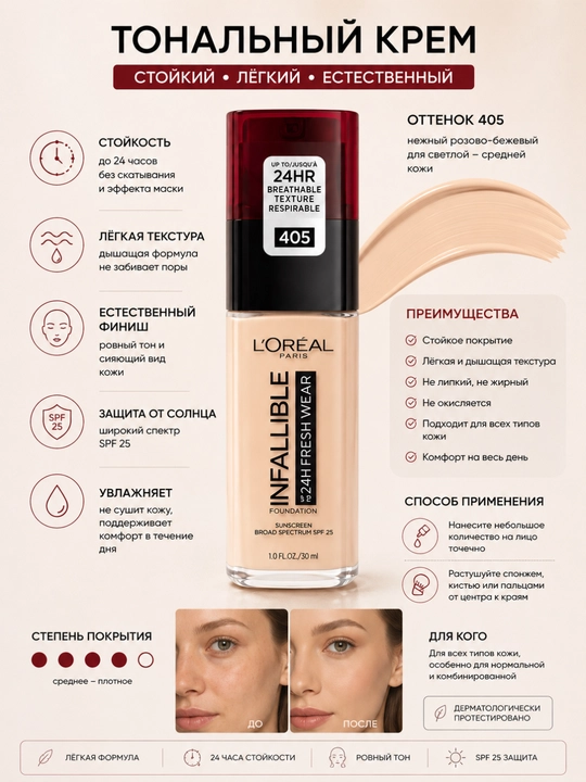 L’Oréal Paris Infallible SPF 25 tonal krem, uzoq saqlanuvchi qoplama, yengil tekstura