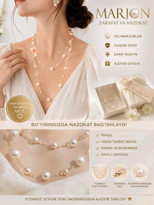 Ayollar marjoni – ko‘p qavatli marvaridli nafis zanjir Elegant aksessuar, taqinchoq