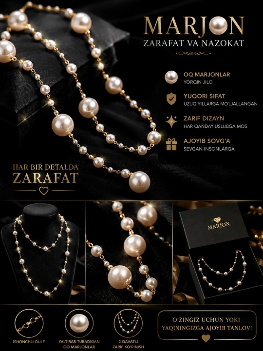 Ayollar marjoni – ko‘p qavatli marvaridli nafis zanjir Elegant aksessuar, taqinchoq - 