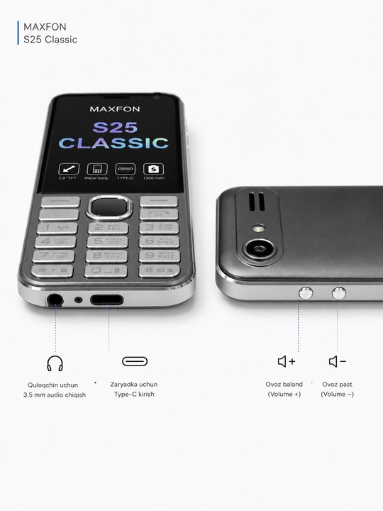Maxfon S25 Classic tugmali telefon, 2 ta SIM-karta, baland ovoz, premium sifat