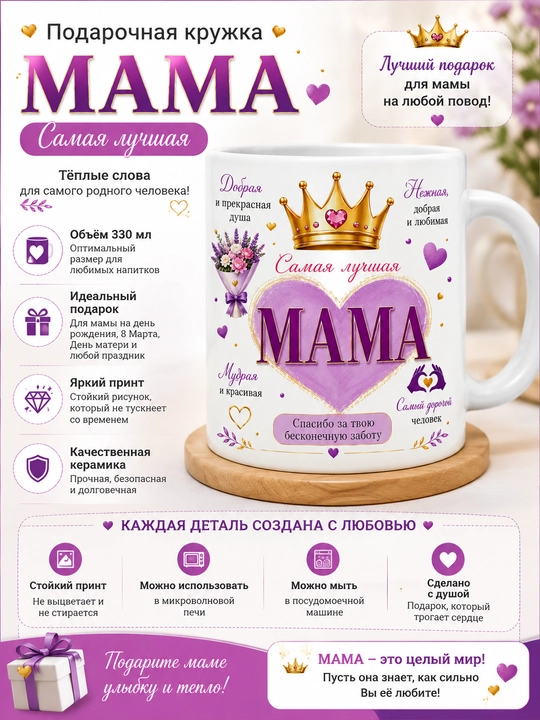 Подарочная кружка для мамы Giftory Мама, с тёплой надписью, 330 мл
