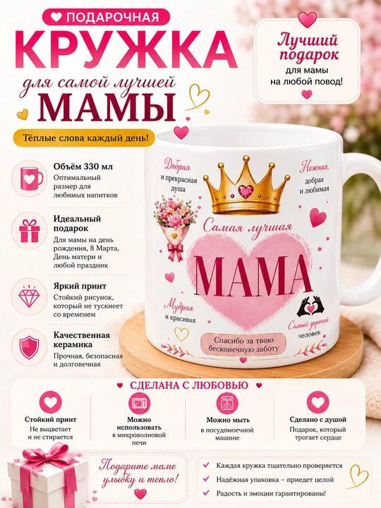 Подарочная кружка для мамы Giftory Мама, с тёплой надписью, 330 мл