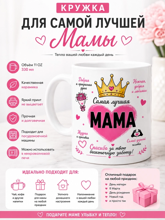 Подарочная кружка для мамы Giftory Мама, с тёплой надписью, 330 мл