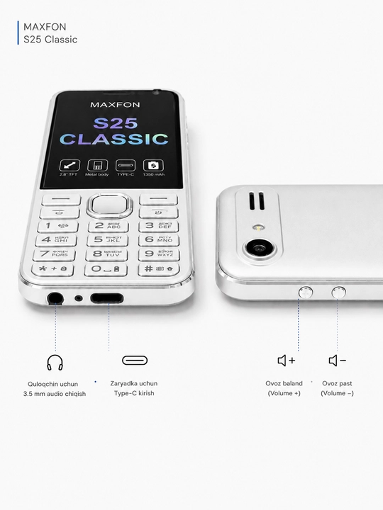 Maxfon S25 Classic tugmali telefon, 2 ta SIM-karta, baland ovoz, premium sifat