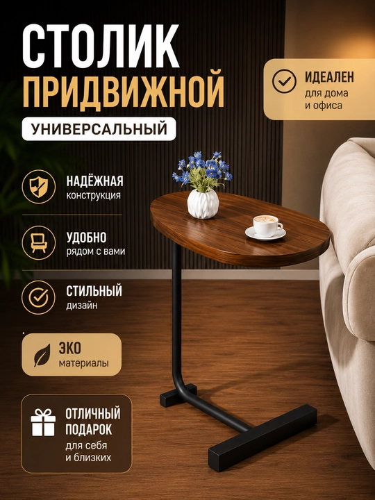 Uy va divan yonidagi zona uchun yog‘och ustki qismga ega yumaloq karavot yoni stoli