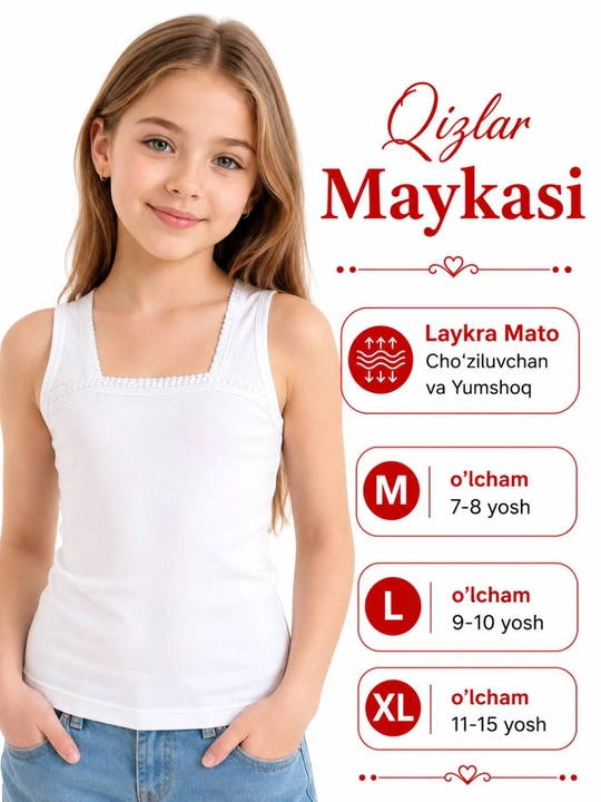 Qizlar uchun oq mayka, yumshoq paxta, laykra cho'ziluvchan bolalar ichki kiyimi, M-XL - 