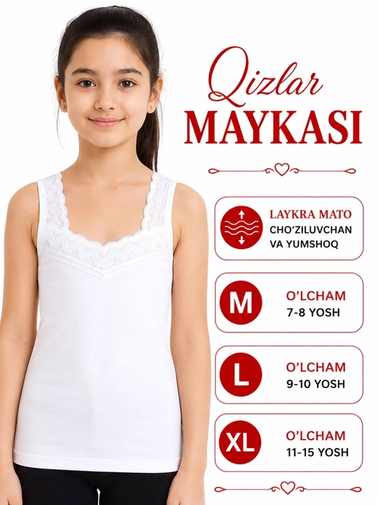Qizlar uchun oq mayka, yumshoq paxta, laykra cho'ziluvchan bolalar ichki kiyimi, M-XL - 