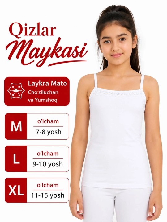 Qizlar uchun oq mayka, yumshoq paxta, laykra cho'ziluvchan bolalar ichki kiyimi, M-XL - 