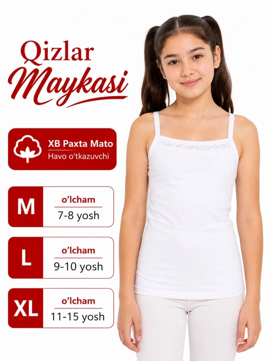 Qizlar uchun oq mayka, yumshoq paxta, laykra cho'ziluvchan bolalar ichki kiyimi, M-XL - 