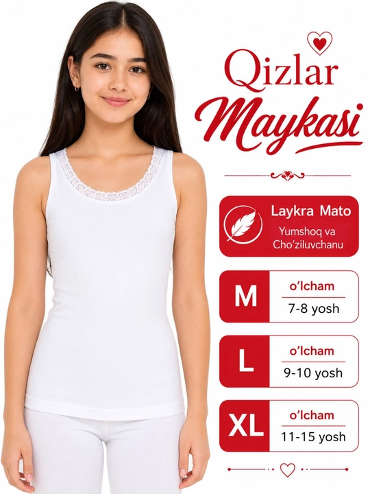 Qizlar uchun oq mayka, yumshoq paxta, laykra cho'ziluvchan bolalar ichki kiyimi, M-XL - 