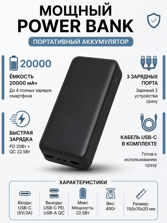 Повербанк  20000 мА·ч с быстрой зарядкой
